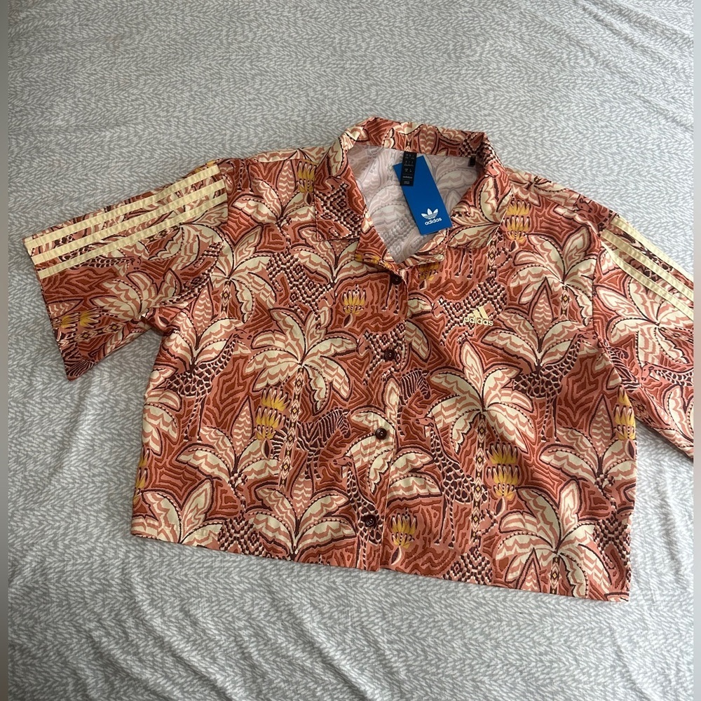 Adidas x FarmRio Orange Button Down Crop Shirt NEW - Picture 8 of 9